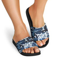 Blue Camouflage Pattern Slide Sandals with Bowling Pins and Ball Graphic Design - Wonder Print Shop
