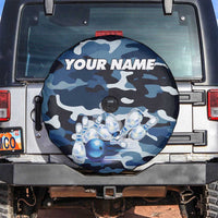 Blue Camouflage Pattern Spare Tire Cover with Bowling Pins and Ball Graphic Design - Wonder Print Shop