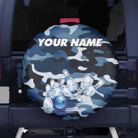 Blue Camouflage Pattern Spare Tire Cover with Bowling Pins and Ball Graphic Design - Wonder Print Shop