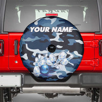 Blue Camouflage Pattern Spare Tire Cover with Bowling Pins and Ball Graphic Design - Wonder Print Shop