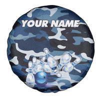 Blue Camouflage Pattern Spare Tire Cover with Bowling Pins and Ball Graphic Design - Wonder Print Shop