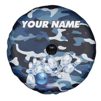 Blue Camouflage Pattern Spare Tire Cover with Bowling Pins and Ball Graphic Design - Wonder Print Shop