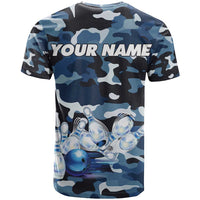 Blue Camouflage Pattern T Shirt with Bowling Pins and Ball Graphic Design - Wonder Print Shop
