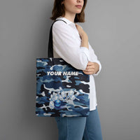 Blue Camouflage Pattern Tote Bag with Bowling Pins and Ball Graphic Design - Wonder Print Shop