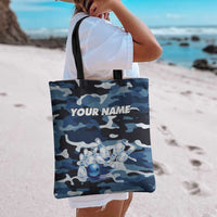 Blue Camouflage Pattern Tote Bag with Bowling Pins and Ball Graphic Design - Wonder Print Shop