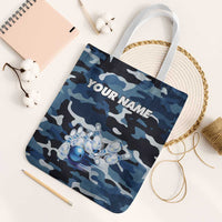 Blue Camouflage Pattern Tote Bag with Bowling Pins and Ball Graphic Design - Wonder Print Shop