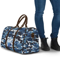 Blue Camouflage Pattern Travel Bag with Bowling Pins and Ball Graphic Design - Wonder Print Shop