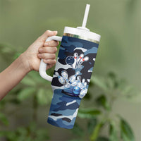 Blue Camouflage Pattern Tumbler With Handle with Bowling Pins and Ball Graphic Design - Wonder Print Shop