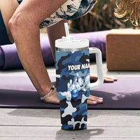 Blue Camouflage Pattern Tumbler With Handle with Bowling Pins and Ball Graphic Design - Wonder Print Shop