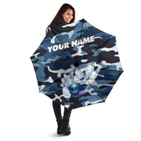 Blue Camouflage Pattern Umbrella with Bowling Pins and Ball Graphic Design - Wonder Print Shop