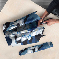Blue Camouflage Pattern Umbrella with Bowling Pins and Ball Graphic Design - Wonder Print Shop