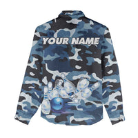 Blue Camouflage Pattern Women Casual Shirt with Bowling Pins and Ball Graphic Design - Wonder Print Shop