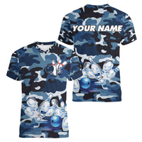 Blue Camouflage Pattern Women V-Neck T-Shirt with Bowling Pins and Ball Graphic Design - Wonder Print Shop