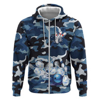 Blue Camouflage Pattern Zip Hoodie with Bowling Pins and Ball Graphic Design - Wonder Print Shop