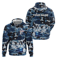 Blue Camouflage Pattern Zip Hoodie with Bowling Pins and Ball Graphic Design - Wonder Print Shop