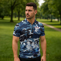 Blue Camouflage Pattern Zipper Polo Shirt with Bowling Pins and Ball Graphic Design - Wonder Print Shop