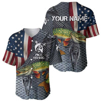 Pike Fishing Baseball Jersey with American Flag and Realistic Fish Scale Texture Design - Wonder Print Shop