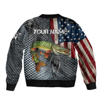 Pike Fishing Bomber Jacket with American Flag and Realistic Fish Scale Texture Design - Wonder Print Shop