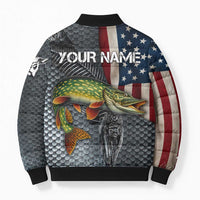 Pike Fishing Bomber Puffer Jacket with American Flag and Realistic Fish Scale Texture Design - Wonder Print Shop