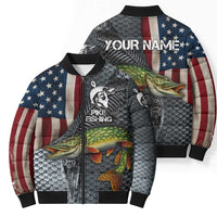 Pike Fishing Bomber Puffer Jacket with American Flag and Realistic Fish Scale Texture Design - Wonder Print Shop