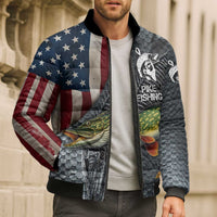 Pike Fishing Bomber Puffer Jacket with American Flag and Realistic Fish Scale Texture Design - Wonder Print Shop