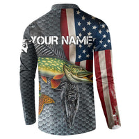 Pike Fishing Button Sweatshirt with American Flag and Realistic Fish Scale Texture Design - Wonder Print Shop