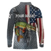 Pike Fishing Long Sleeve Polo Shirt with American Flag and Realistic Fish Scale Texture Design - Wonder Print Shop