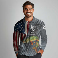 Pike Fishing Long Sleeve Polo Shirt with American Flag and Realistic Fish Scale Texture Design - Wonder Print Shop