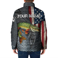 Pike Fishing Padded Jacket with American Flag and Realistic Fish Scale Texture Design - Wonder Print Shop
