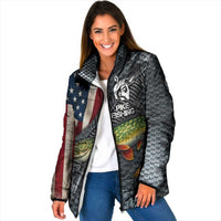 Pike Fishing Padded Jacket with American Flag and Realistic Fish Scale Texture Design - Wonder Print Shop