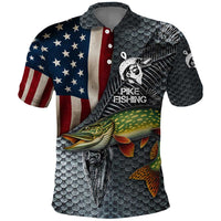 Pike Fishing Polo Shirt with American Flag and Realistic Fish Scale Texture Design - Wonder Print Shop