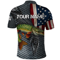 Pike Fishing Polo Shirt with American Flag and Realistic Fish Scale Texture Design - Wonder Print Shop