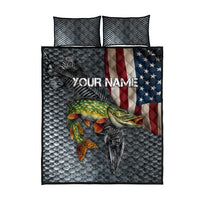 Pike Fishing Quilt Bed Set with American Flag and Realistic Fish Scale Texture Design - Wonder Print Shop