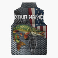 Pike Fishing Sleeveless Puffer Jacket with American Flag and Realistic Fish Scale Texture Design - Wonder Print Shop