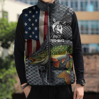 Pike Fishing Sleeveless Puffer Jacket with American Flag and Realistic Fish Scale Texture Design - Wonder Print Shop