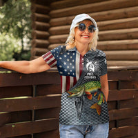 Pike Fishing Women Polo Shirt with American Flag and Realistic Fish Scale Texture Design - Wonder Print Shop
