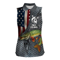 Pike Fishing Women Sleeveless Polo Shirt with American Flag and Realistic Fish Scale Texture Design - Wonder Print Shop