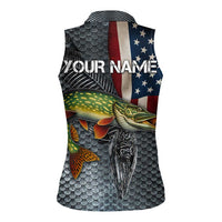 Pike Fishing Women Sleeveless Polo Shirt with American Flag and Realistic Fish Scale Texture Design - Wonder Print Shop