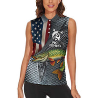 Pike Fishing Women Sleeveless Polo Shirt with American Flag and Realistic Fish Scale Texture Design - Wonder Print Shop