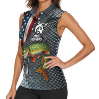 Pike Fishing Women Sleeveless Polo Shirt with American Flag and Realistic Fish Scale Texture Design - Wonder Print Shop