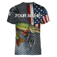Pike Fishing Women V-Neck T-Shirt with American Flag and Realistic Fish Scale Texture Design - Wonder Print Shop