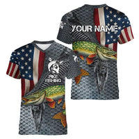 Pike Fishing Women V-Neck T-Shirt with American Flag and Realistic Fish Scale Texture Design - Wonder Print Shop