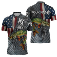 Pike Fishing Zipper Polo Shirt with American Flag and Realistic Fish Scale Texture Design - Wonder Print Shop