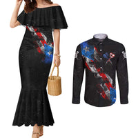 American Flag Smoke Trail Couples Matching Mermaid Dress and Long Sleeve Button Shirt with Dartboard and Crossed Darts Graphic Design - Wonder Print Shop