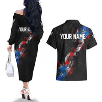 American Flag Smoke Trail Couples Matching Off The Shoulder Long Sleeve Dress and Hawaiian Shirt with Dartboard and Crossed Darts Graphic Design - Wonder Print Shop