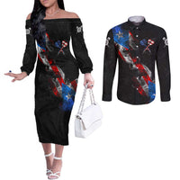 American Flag Smoke Trail Couples Matching Off The Shoulder Long Sleeve Dress and Long Sleeve Button Shirt with Dartboard and Crossed Darts Graphic Design - Wonder Print Shop