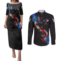 American Flag Smoke Trail Couples Matching Puletasi and Long Sleeve Button Shirt with Dartboard and Crossed Darts Graphic Design - Wonder Print Shop