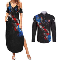 American Flag Smoke Trail Couples Matching Summer Maxi Dress and Long Sleeve Button Shirt with Dartboard and Crossed Darts Graphic Design - Wonder Print Shop
