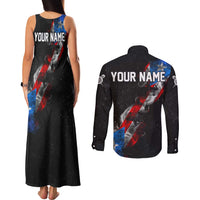American Flag Smoke Trail Couples Matching Tank Maxi Dress and Long Sleeve Button Shirt with Dartboard and Crossed Darts Graphic Design - Wonder Print Shop