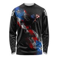 American Flag Smoke Trail Long Sleeve Shirt with Dartboard and Crossed Darts Graphic Design - Wonder Print Shop